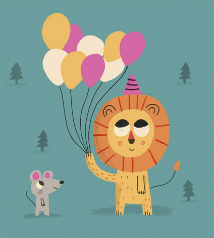 Illustration of mouse, lion and balloons from Joaquin Camp's portfolio