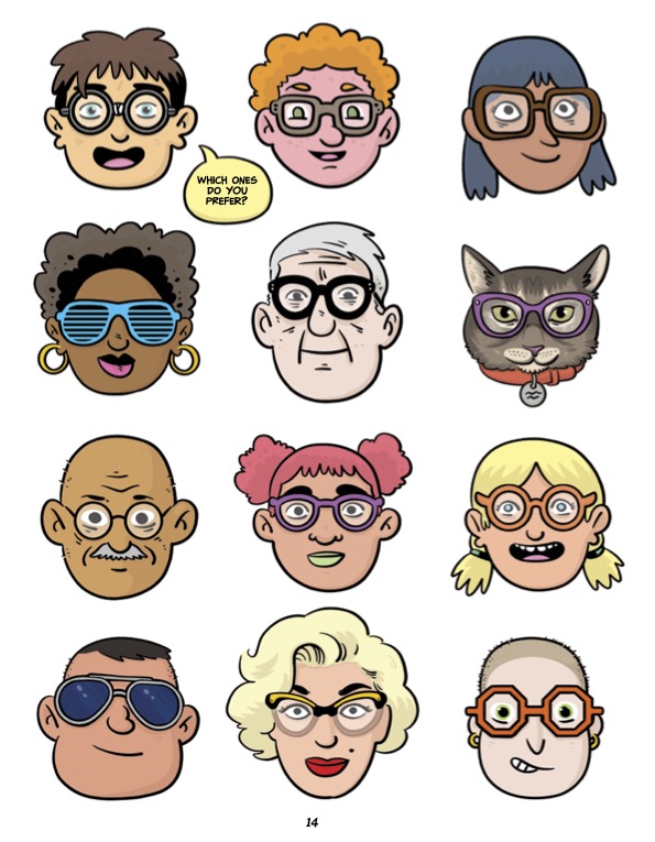 Character asks "Which ones do you prefer?" pn page showing 12 faces each wearing different glasses; page 14